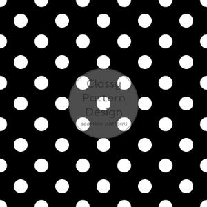 May include: A seamless pattern featuring a black background with evenly spaced white polka dots. A circular overlay in the center contains the text Classy Pattern Design and the smaller text seamless patterns in a simple sans-serif font.