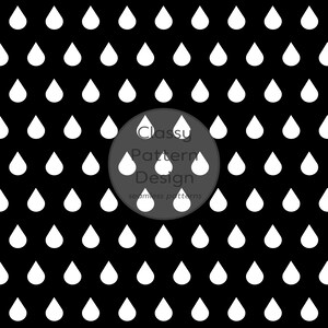 May include: A seamless pattern featuring a repeating design of white teardrop shapes arranged in neat rows against a solid black background. A circular overlay in the center displays the text Classy Pattern Design and seamless patterns.
