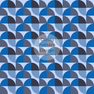 May include: A seamless pattern design featuring a repeating geometric motif of semi-circles in shades of blue and gray. The design includes the text "Classy Pattern Design" and "seamless patterns" in a circular overlay.
