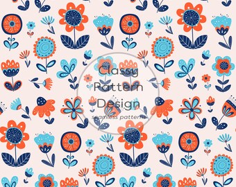 Nordic Floral Seamless Pattern File, Skyblue Navy Orange Home Decor Fabric (Digital Download)