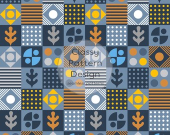 Geometric Seamless Pattern, Chess Board, Navy Yellow Brown, Various Shapes, Fabric Print (Digital Download)