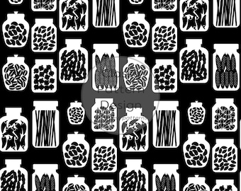 Food In Glass Jar Seamless Pattern, Black White, Kitchen Dining Room, Home Decor Fabric Print (Digital Download)
