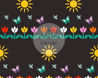 The sun, Flower, Bee, Butterfly, Horizontal Seamless Pattern Digital Download(300DPI)