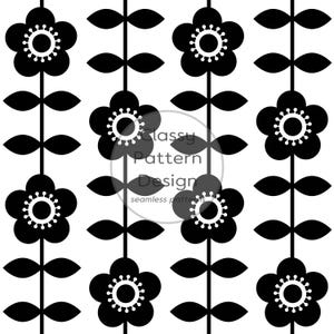 May include: A seamless pattern featuring vertical black stems with symmetrical black leaves and stylized black flowers with white centers. The design includes the text Classy Pattern Design seamless patterns overlaid in the center of the image.