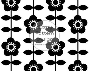 Großes, nahtloses Blumenmuster, Schwarz-Weiß, Nordischer Stil, Gestreifte Stängel, Kleidung, Bettwäsche, Bastelarbeiten, Stoff- und Papierdruck (Digitaler Download)