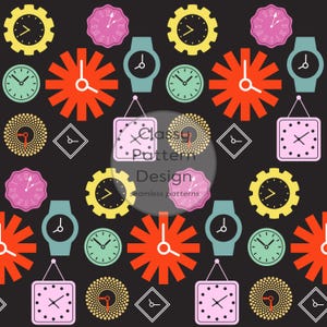 May include: A seamless pattern featuring various clocks and watches in a repeating design. The clocks are in shades of yellow, pink, green, and orange, with a black background. The design includes the text "Classy Pattern Design seamless patterns".