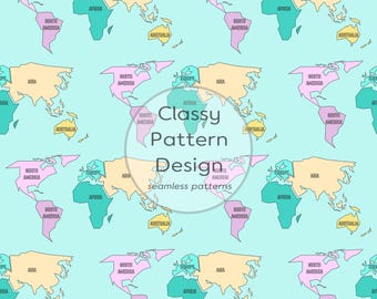 Pastel World Map Seamless Pattern, Kids clothes and Room Decor, Fabric Print (Digital Download)