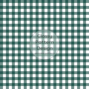 Puede incluir: Un patrón repetitivo sin costuras que presenta un diseño de cuadros vichy en verde oscuro y blanco. Centrado en la imagen hay una superposición circular que contiene el texto gris oscuro Classy Pattern Design y el texto más pequeño seamless patterns.