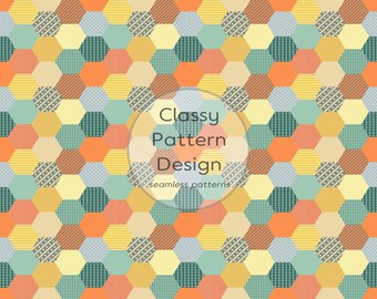 Nahtloses Sechseckmuster, mehrfarbig, geometrisches Muster, Patchwork-Stil, Stoffdruck für Bastelarbeiten (digitaler Download)