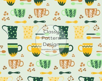 Coffee Mug Seamless Pattern, Kitchen Fabric Design (Digital Download)