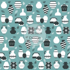 May include: A seamless pattern featuring various stylized vases and pitchers in white and black against a teal background. The design includes decorative elements and the text "Classy Pattern Design seamless patterns".