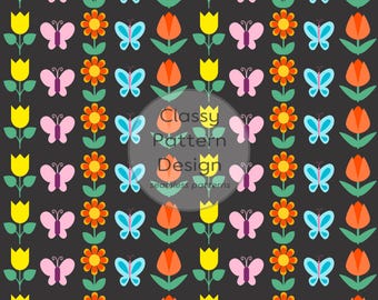 Flowers and Butterflies, Vertical Striped, Rainbow Colors, Darkgray Background, Seamless Pattern, Digital Download
