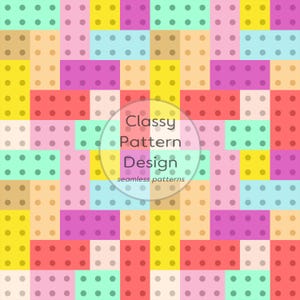 May include: A colorful seamless pattern design featuring rectangular blocks in various pastel colors, including yellow, pink, blue, and green. Each block has small, evenly spaced dots. The text "Classy Pattern Design" is overlaid on the image.