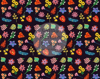 Kwiatowy bezszwowy wzór, małe kwiaty, liście, kolorowy i ciemnofioletowy, ubrania, pościel, rękodzieło, tkanina i papier do druku (pobieranie cyfrowe)