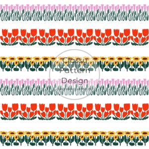 Floral Garden Stripes Seamless Pattern, Red Pink Yellow Flowers, Crafts Fabric and Paper Print (Digital Download)