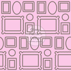 Puede incluir: Un patrón sin costuras con varios marcos de fotos marrones, círculos y óvalos sobre un fondo rosa. El diseño incluye marcos rectangulares, ovalados y ornamentados, con el texto "Classy Pattern Design" y "seamless pattern".