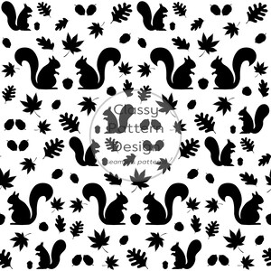 May include: A seamless pattern featuring black silhouettes of squirrels, acorns, and various leaves on a white background. The center of the image contains the text Classy Pattern Design seamless patterns in a circular overlay.