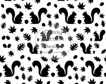 Squirrel and Acorn Seamless Pattern, Black White, Autmn Leaves, Clothes Bedding, Crafts Fabric and Paper Print (Digital Download)