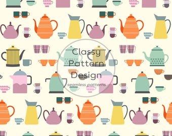 Teapots and Cups Seamless Pattern, Crafts Fabric Print, Nordic Style, Beautuful Colors, Kitchen Dining Room Decor(Digital Download)
