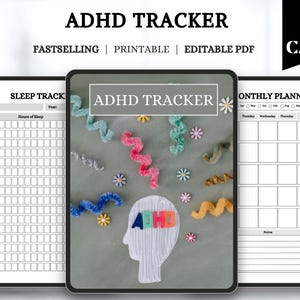 Op de afbeelding: ADHD-tracker met sjablonen voor slaap- en maandplanners. De centrale afbeelding toont een hoofdsilhouet met "ADHD" in kleurrijke letters, omringd door decoratieve elementen. De tekst "Edit in Canva" is zichtbaar.