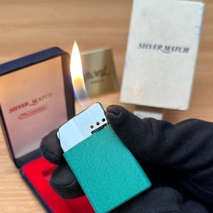 Vintage 1950s Silver Match Lighter: Blue Lacquer, New in Box