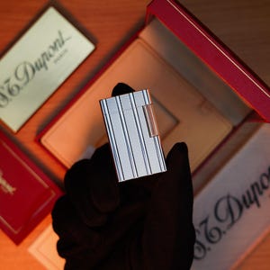 Vintage 1980 St Dupont Ligne 1 Heavy Silver Finish Large Size Rare Vertical line Pipe Flame / with box and documents