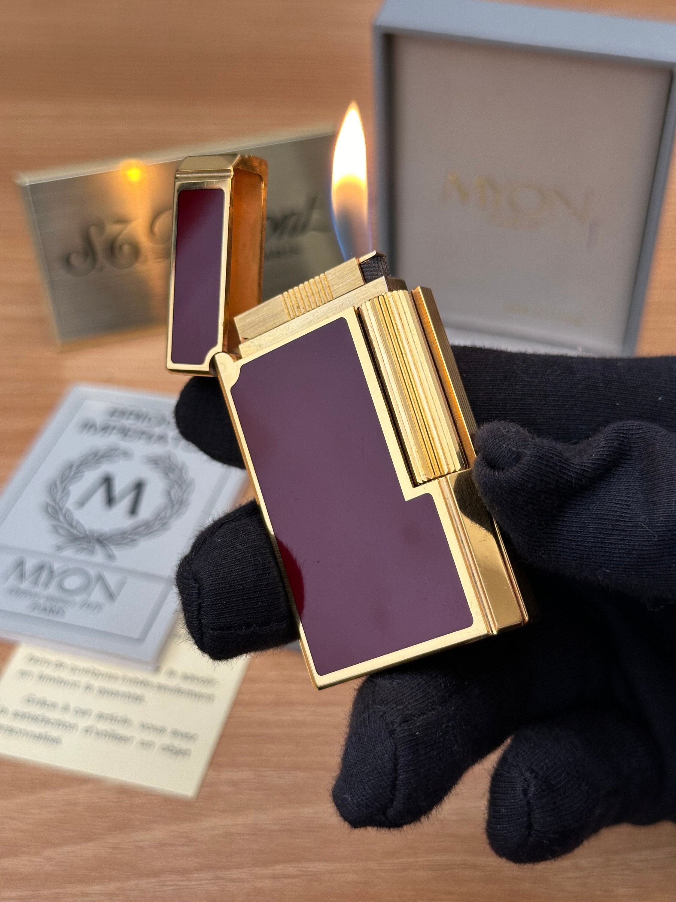 Vintage 1980 Myon 24k Gold Plated Lighter: Red Lacquer, Full Set 