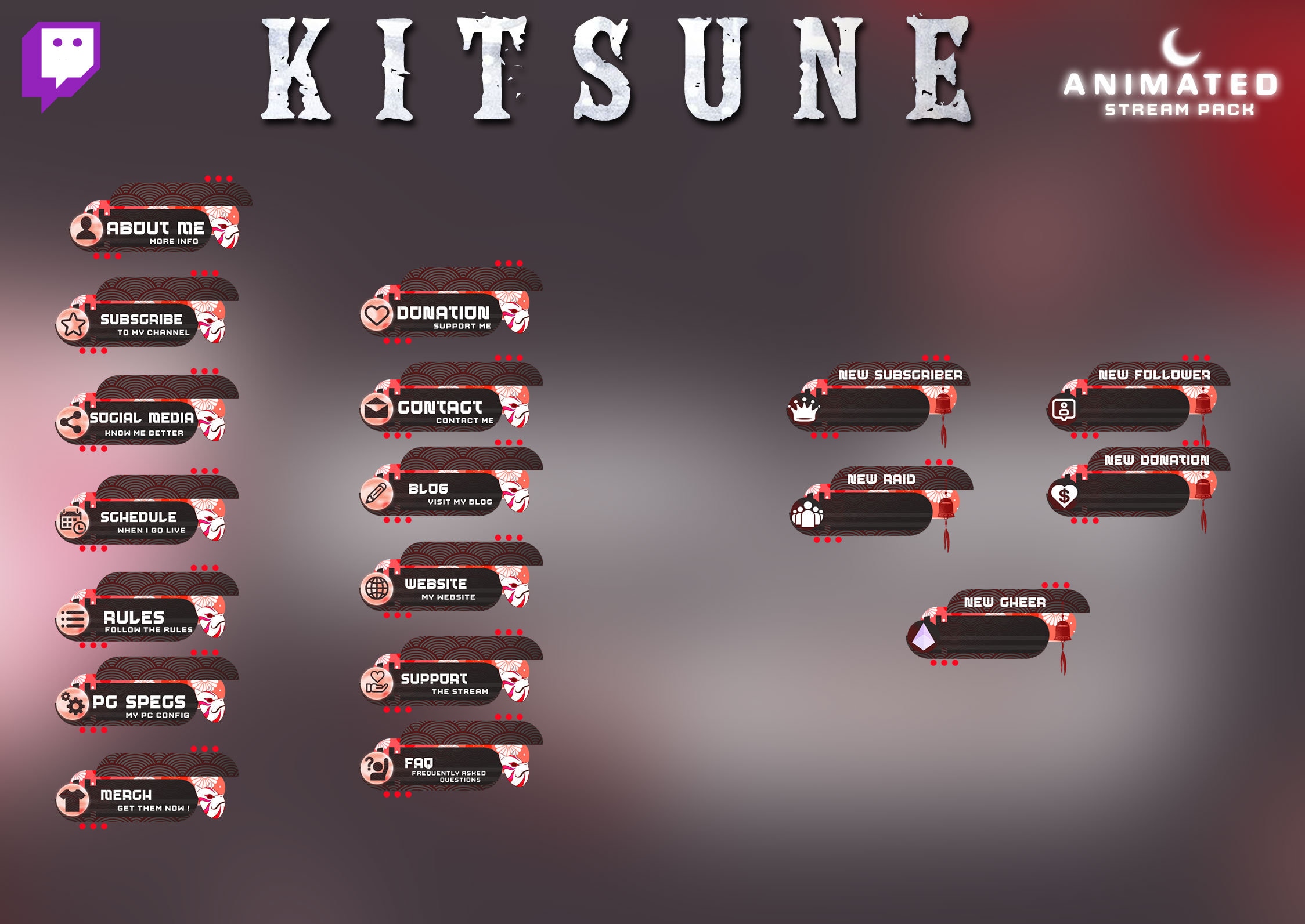 Animated Japanese Twitch Overlays Package Handdrawn, Designed and