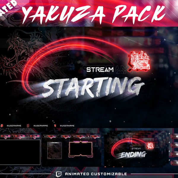 Yakuza Stream Package: Animated Japanese Overlays in Black and Red - Full Package for Twitch Streamers #Twitch Overlays