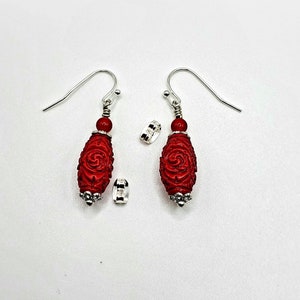 Red Coral Earrings, Valentine Roses, Red Valentine, Floral Red, Red Dangles, Silver Tone Earrings