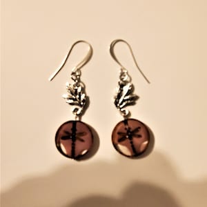 Firefly Earrings, Czech Glass Earrings, Silver Leaf Earrings, Rose-Brown Bead Earrings, Fall Earrings