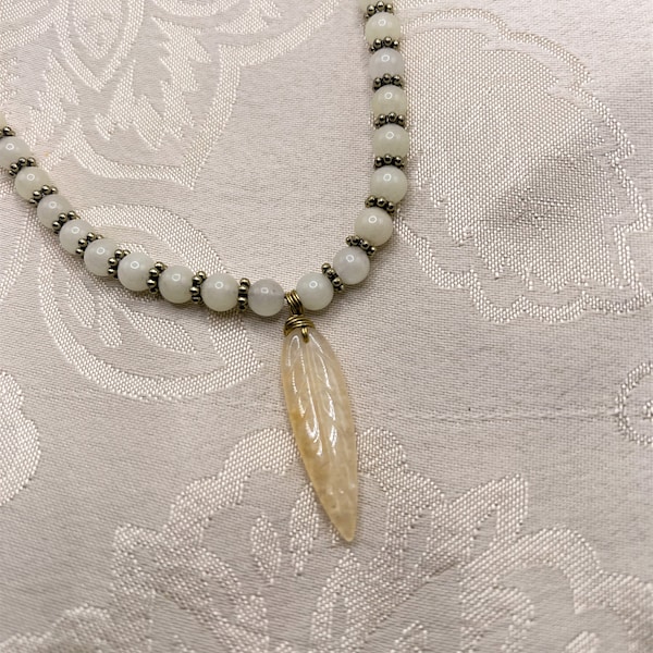 Quartz Leaf Pendant Necklace, Yellow Jade Necklace, Suede Beaded Necklace,