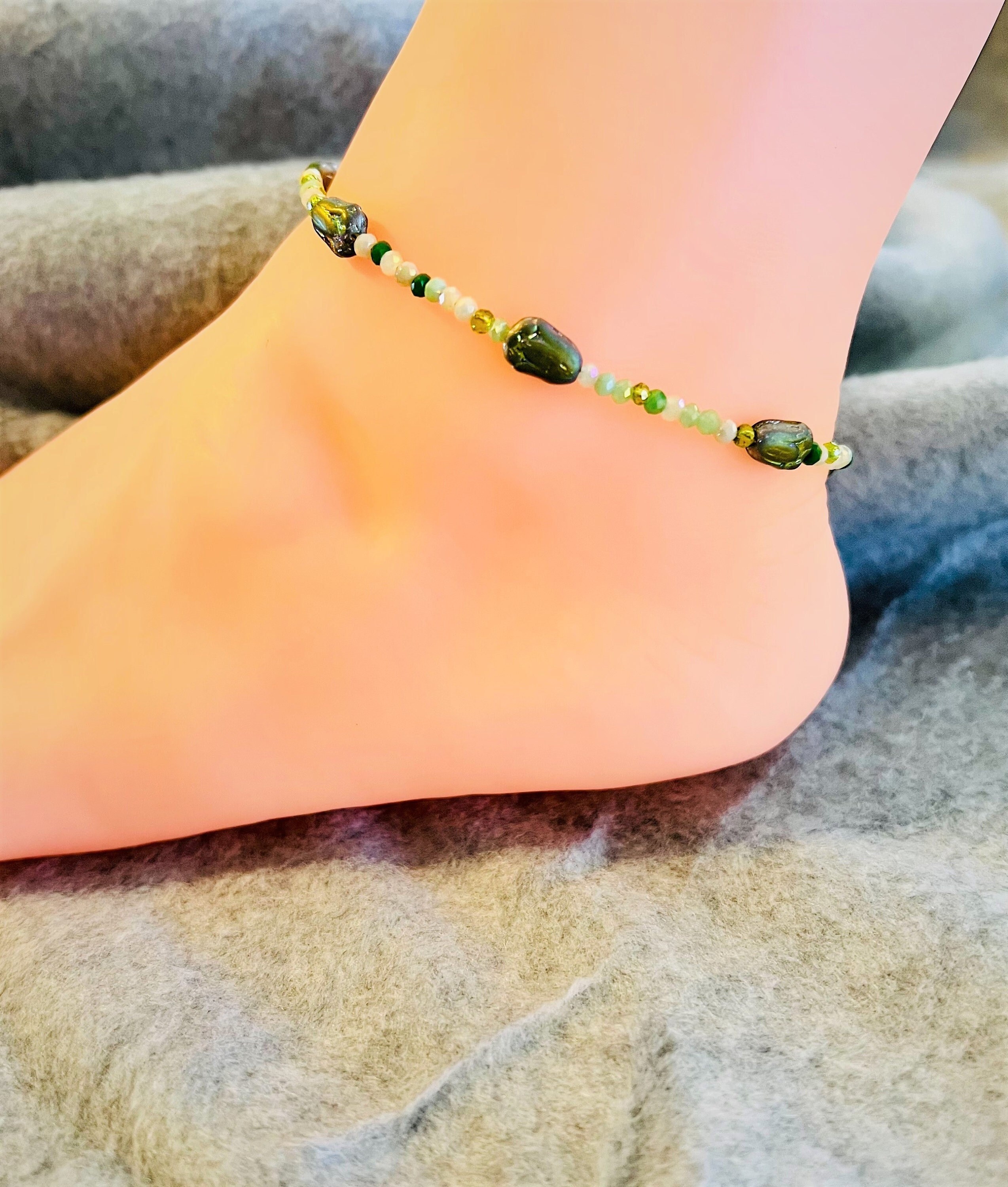 Czech Glass Beaded Anklet Green Crystal Beaded Anklet Dainty and
