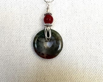 Gemstone Pendant Necklace, Disc Pendant with Crystals, Pendant with Red Quartz Bead