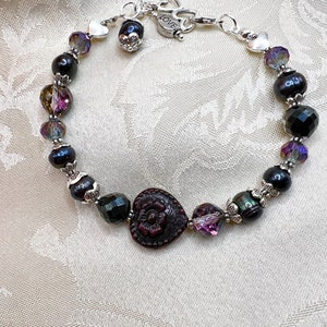 Black Pearl Bracelet, Czech Heart Bracelet, Crystal Beaded