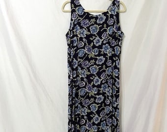Vintage 1990 blau große Floral Print Midi-Kleid