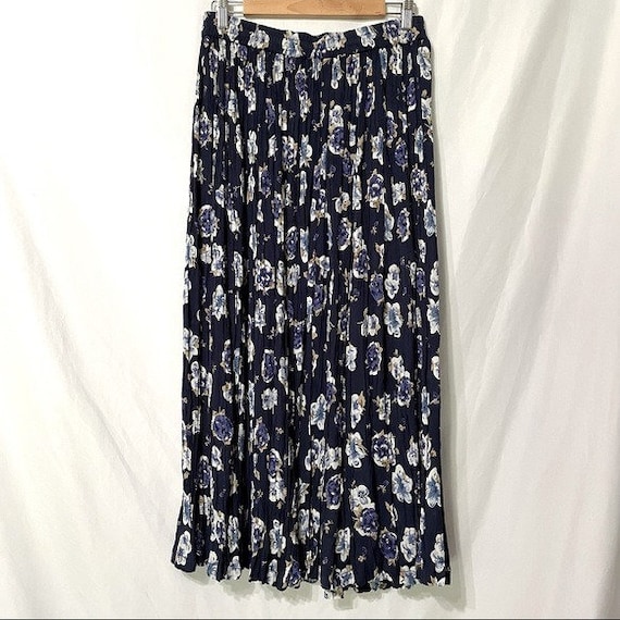 Vintage Blue Floral Crinkle Pleated Maxi Skirt S - image 1