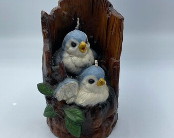 Vintage Wax Figurine Blue Birds On A Log Candle