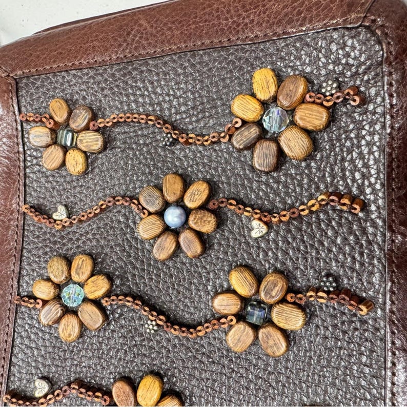 Brighton Vintage Braun Leder Holz Perlen Crossbody Handtasche Geldbörse Boho Tasche Bild 2