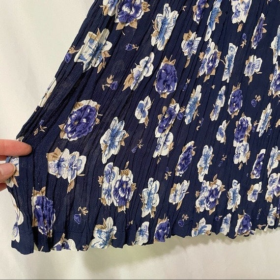 Vintage Blue Floral Crinkle Pleated Maxi Skirt S - image 8