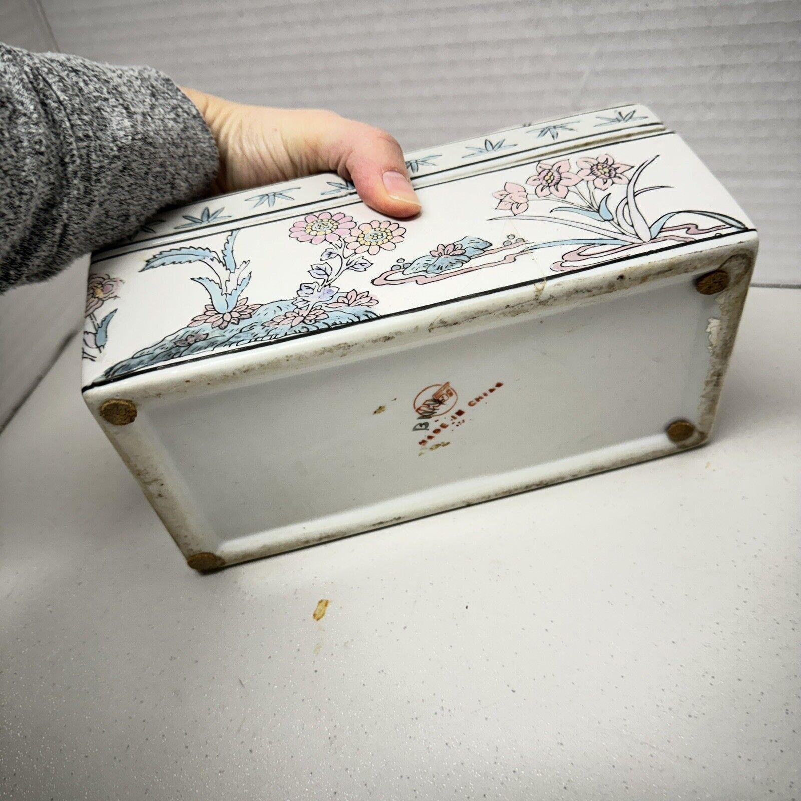 中国陶器 ヴィンテージ 中国製 陶器製 小物入れ 8.75インチ 蓋付き 鶴 鳥 花柄