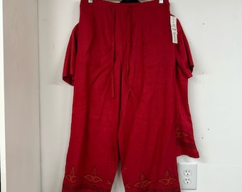 Vintage Red Linen Two Peice Set Wide Leg Pants Short Sleeve Button Down Shirt L