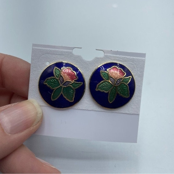 Vintage Enamel Cloisonné Blue & Pink Flower Studd… - image 1