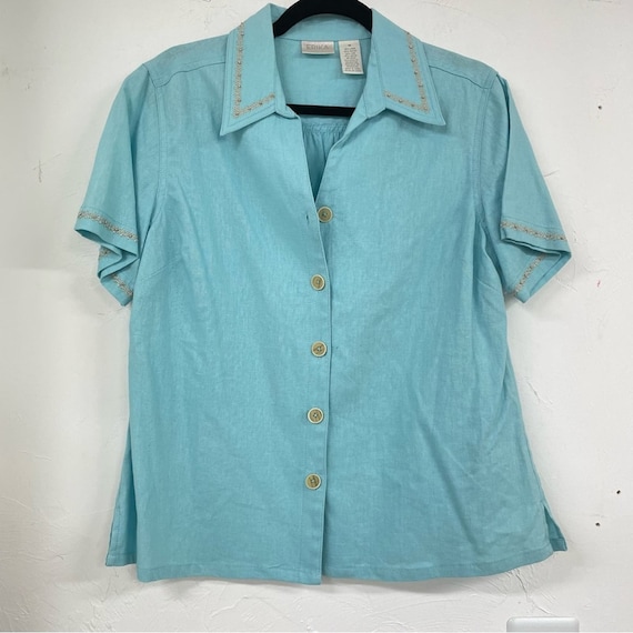 Vintage Linen Blend Blue Button Down Shirt Womens… - image 1