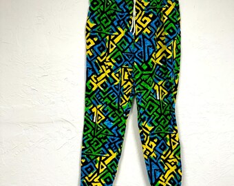 Vintage NK Box Colorful Yellow & Blue 1980s Jogger Pants L Drawstring Waist