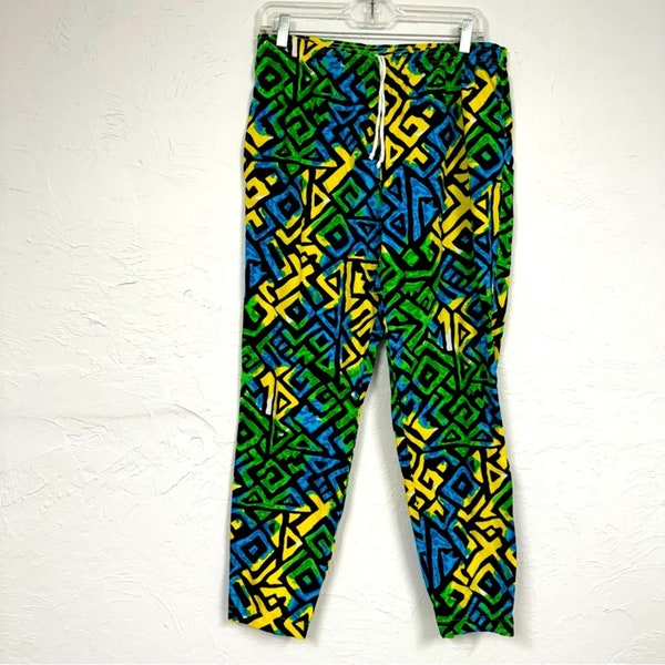 Vintage NK Box Colorful Yellow & Blue 1980s Jogger Pants L Drawstring Waist