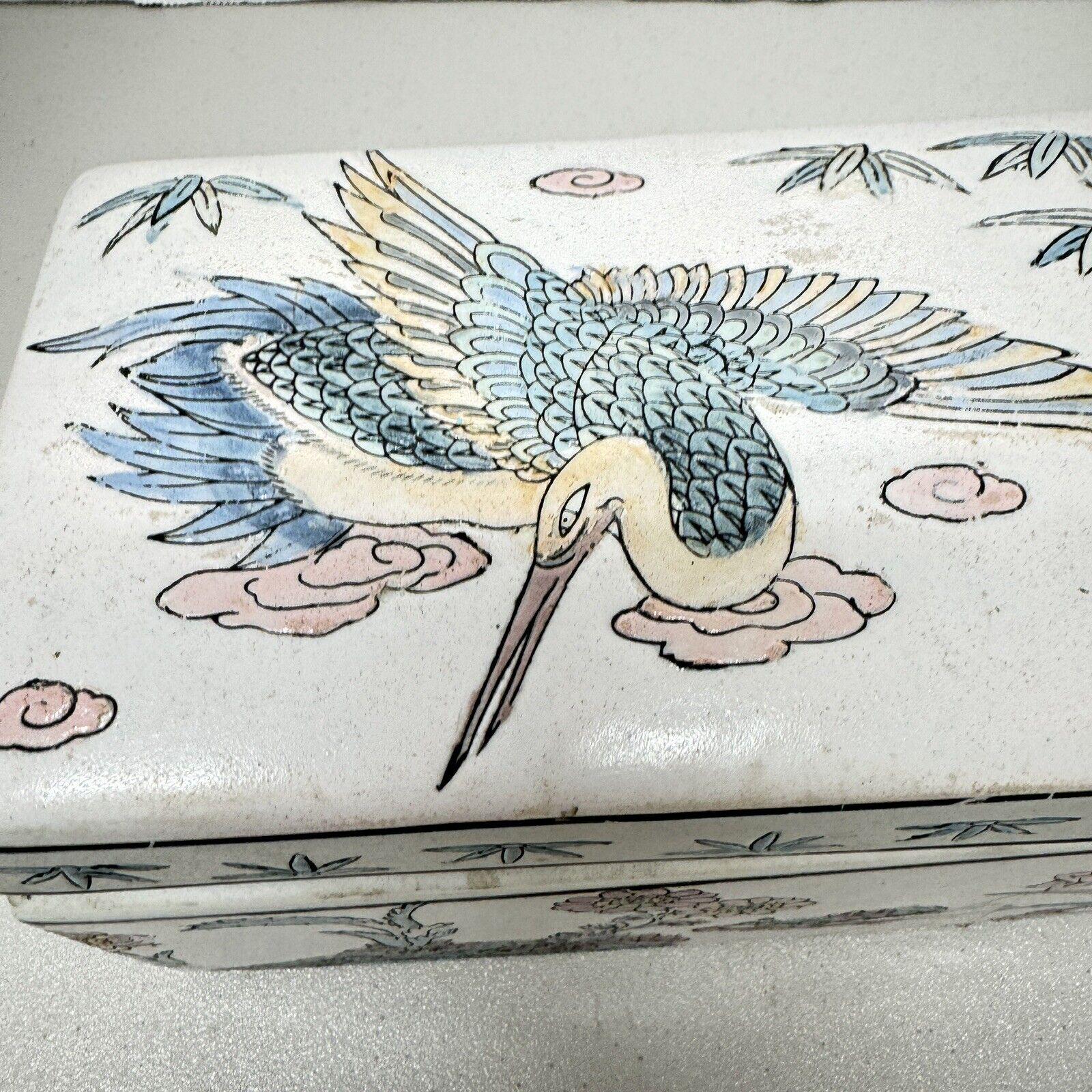 ヴィンテージ 中国製 陶器製 小物入れ 8.75インチ 蓋付き 鶴 鳥 花柄
