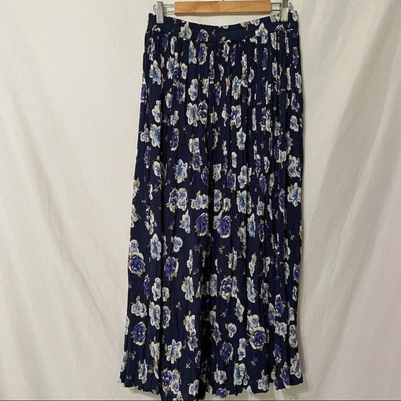 Vintage Blue Floral Crinkle Pleated Maxi Skirt S - image 2