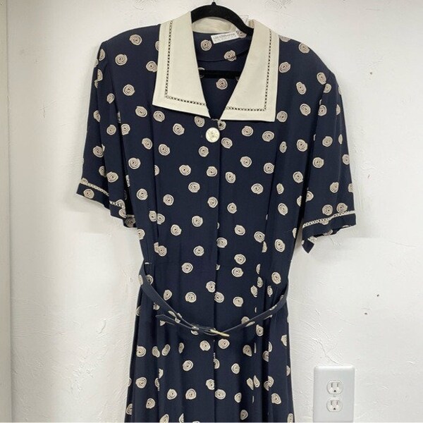 Vintage Liz Claiborne Blue White Polka Dot Large Collar Button Down Maxi Dress