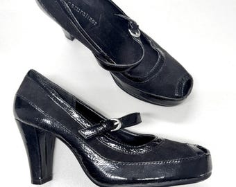 Vintage Naturalizer Black Patent Leather Peep Toe Mary Jane Heels Women 6 Preppy